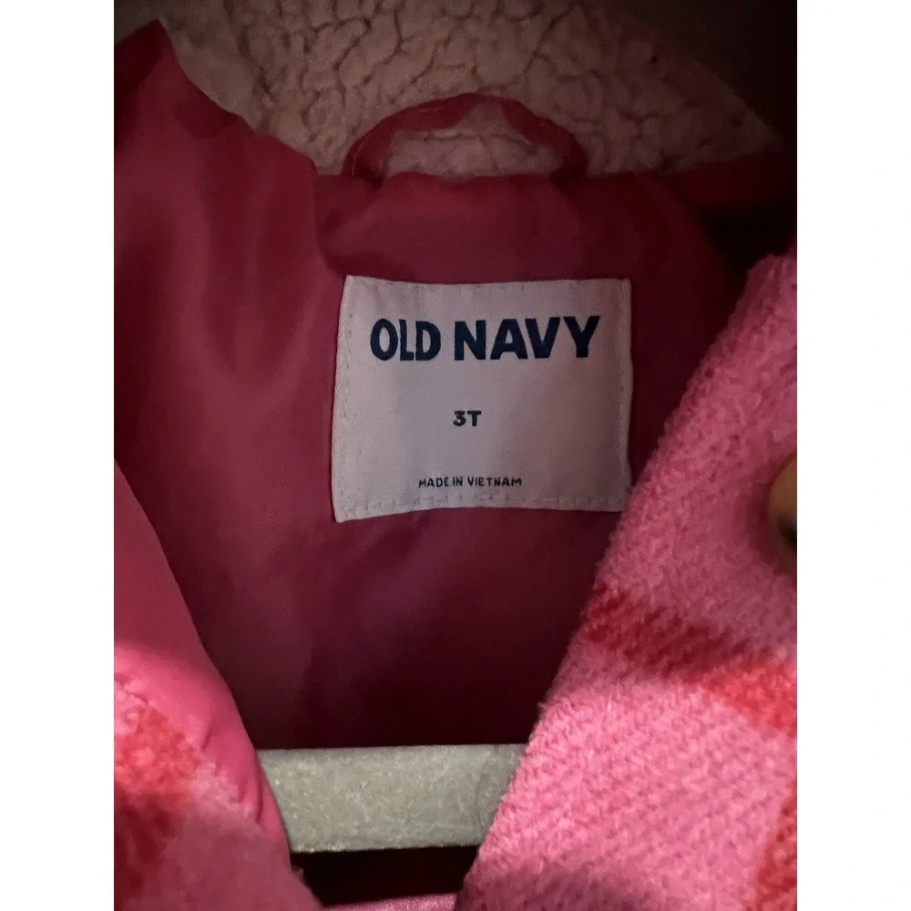 ✨ Old Navy Plaid Button-Front Critter Hooded Coat Toddler‎ Size 3T  Pink Plaid